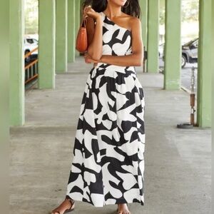 Abercrombie & Fitch XSP one shoulder black white maxi cotton dress w pockets NWT